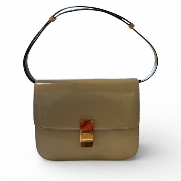 Handbags - Celine Box Classic Patent Leather Shoulder Bag - Beige with Gold Hardware